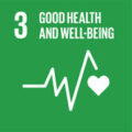 Green graphic with the number 3 and text "Good Health and Well-Being," featuring a heart rate line and a heart symbol, representing a UN Sustainable Development Goal.