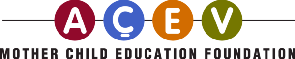 Logo of AÇEV, the Mother Child Education Foundation. The letters A, Ç, E, and V are inside colorful circles, with the full name below.