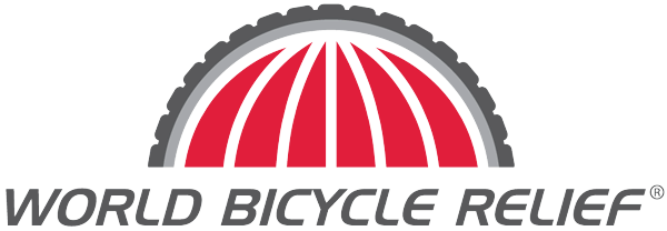 Logo of World Bicycle Relief with a stylized red bicycle wheel above the text.