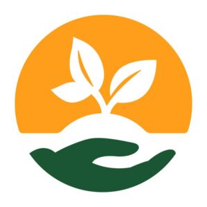 A stylized logo featuring a green hand holding a plant with two leaves against a circular background in orange and white. It represents growth and care.