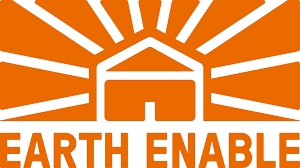 Icon of a house with sun rays extending outward, in orange, above the text "Earth Enable."