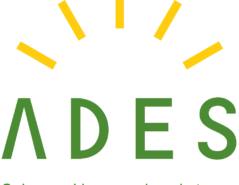 Logo of ADES, featuring the acronym in green letters with yellow sun rays above, and the phrase "Solar- and improved cookstoves" below.