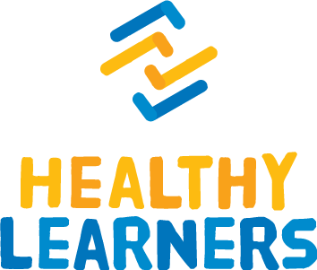 Logo of "Healthy Learners" with interlocking blue and yellow lines above the text.