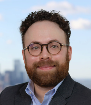 Headshot of a person with curly hair, a beard, and glasses, wearing a suit jacket and shirt. The background features a blurred city skyline.