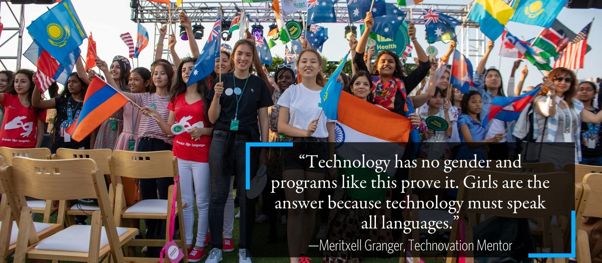 A diverse group of people holding various national flags, with a quote about technology and gender from a Technovation Mentor displayed prominently.