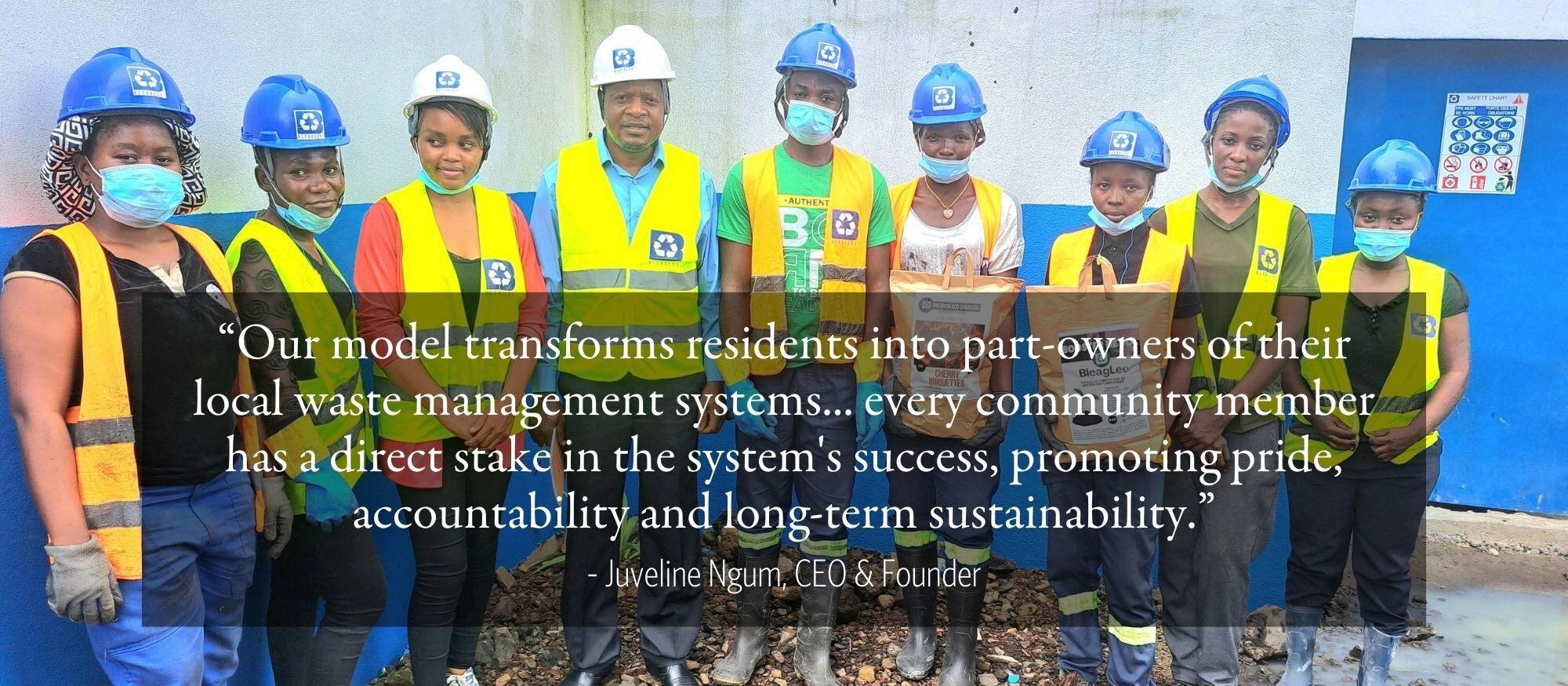 A small group of people wearing protective helmets and vests, likely involved in a waste management initiative. A quote about community-based waste management is overlaid on the image.