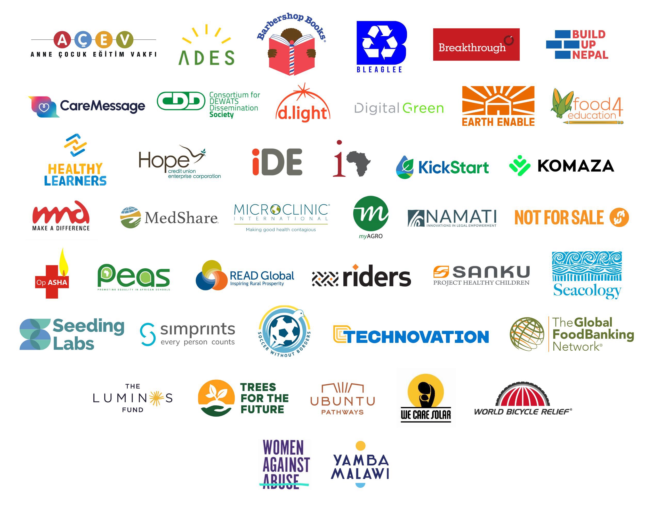 2025 Winner Logos Logos of various global nonprofit organizations focused on health, education, sustainable development, and social empowerment.