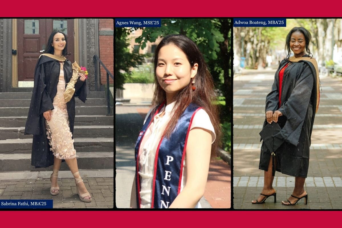 LFP Grad Photo Three individuals in graduation attire, including gowns and hoods, are celebrating their academic achievements outdoors in a university setting.